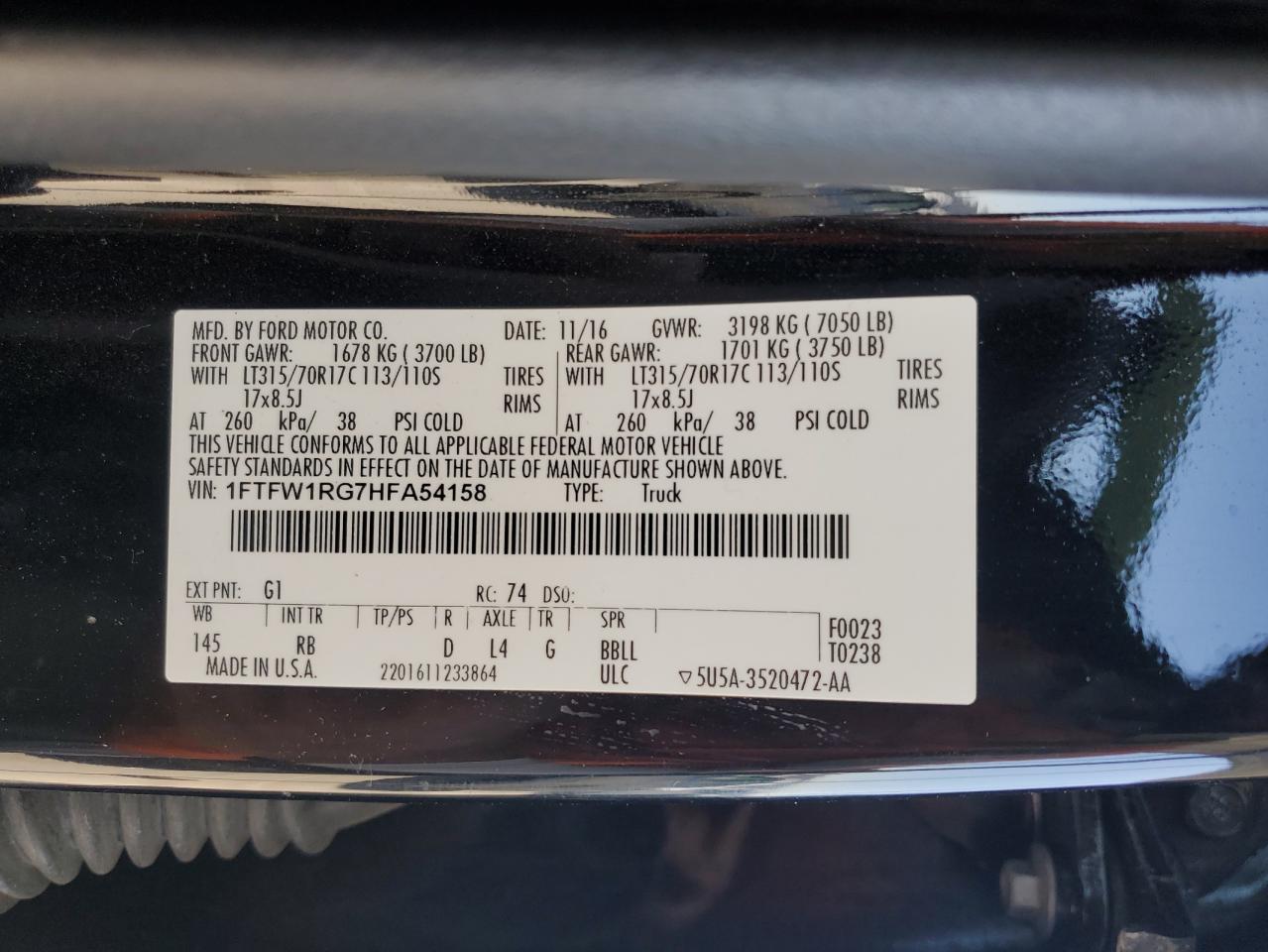 2017 Ford F150 Raptor VIN: 1FTFW1RG7HFA54158 Lot: 64142735