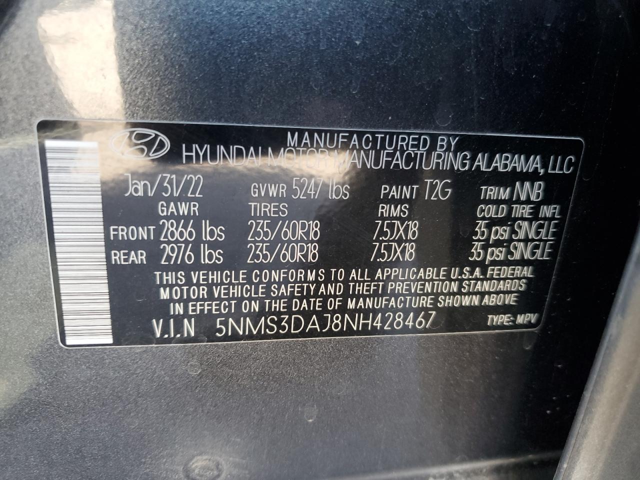 2022 Hyundai Santa Fe Sel VIN: 5NMS3DAJ8NH428467 Lot: 67254815