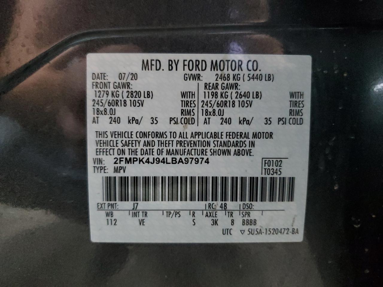 2020 Ford Edge Sel VIN: 2FMPK4J94LBA97974 Lot: 65200425