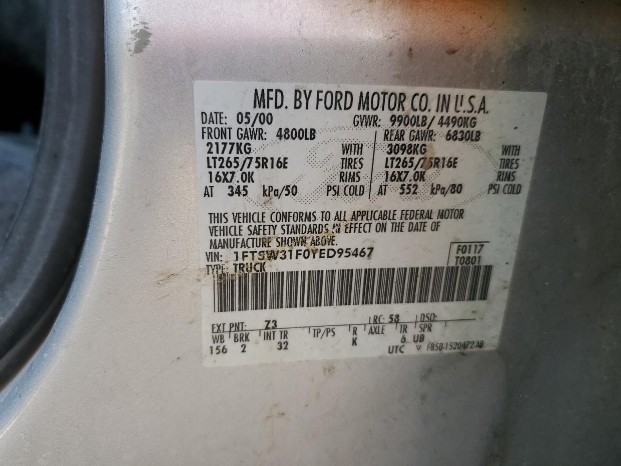 2000 Ford F350 Srw Super Duty VIN: 1FTSW31F0YED95467 Lot: 63784985