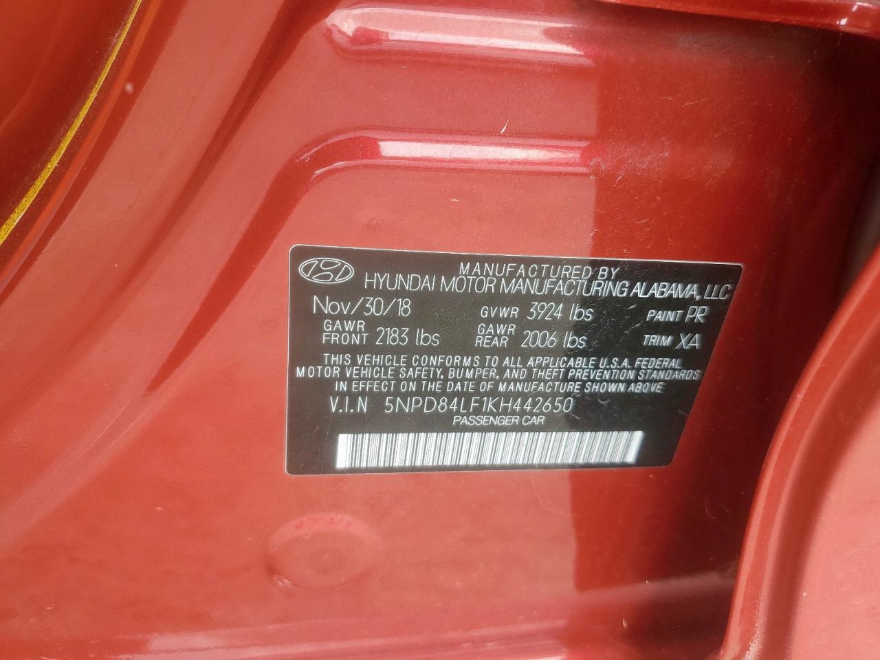2019 Hyundai Elantra Sel VIN: 5NPD84LF1KH442650 Lot: 63103405
