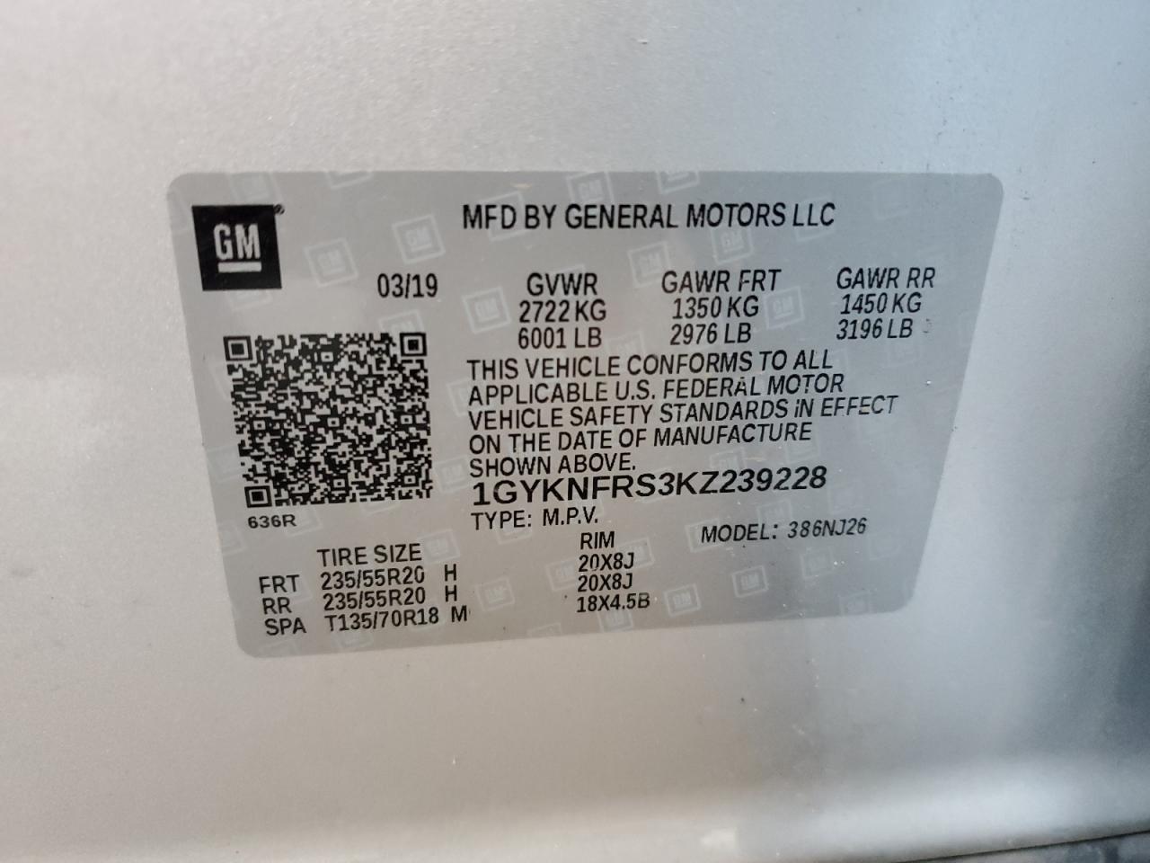 2019 Cadillac Xt5 Premium Luxury VIN: 1GYKNFRS3KZ239228 Lot: 64672115