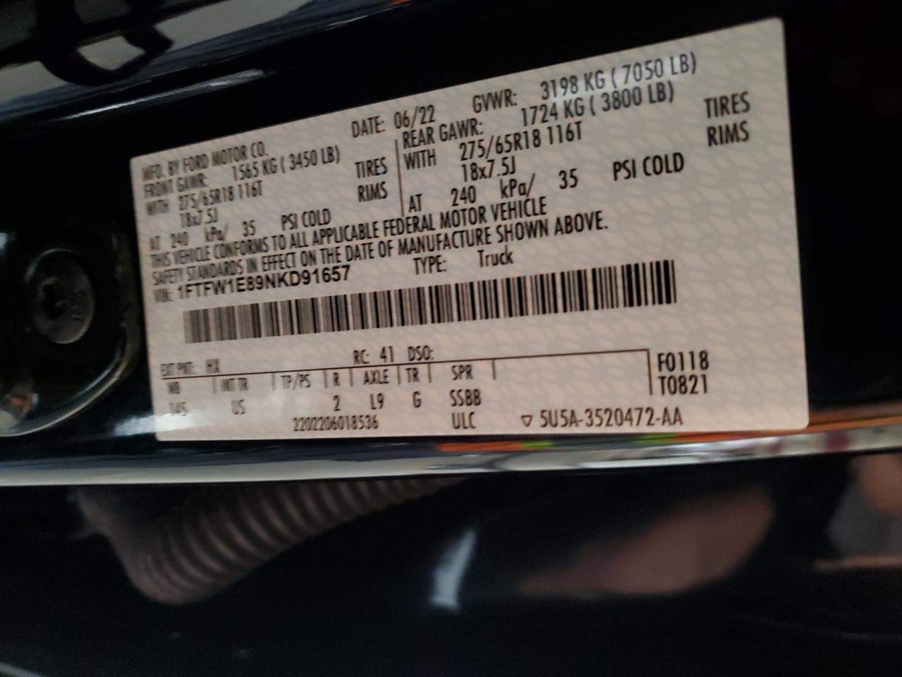 2022 Ford F150 Supercrew VIN: 1FTFW1E89NKD91657 Lot: 65401195