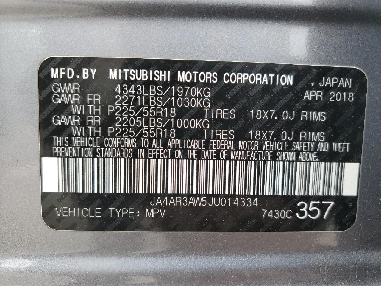 2018 Mitsubishi Outlander Sport Es VIN: JA4AR3AW5JU014334 Lot: 65232265