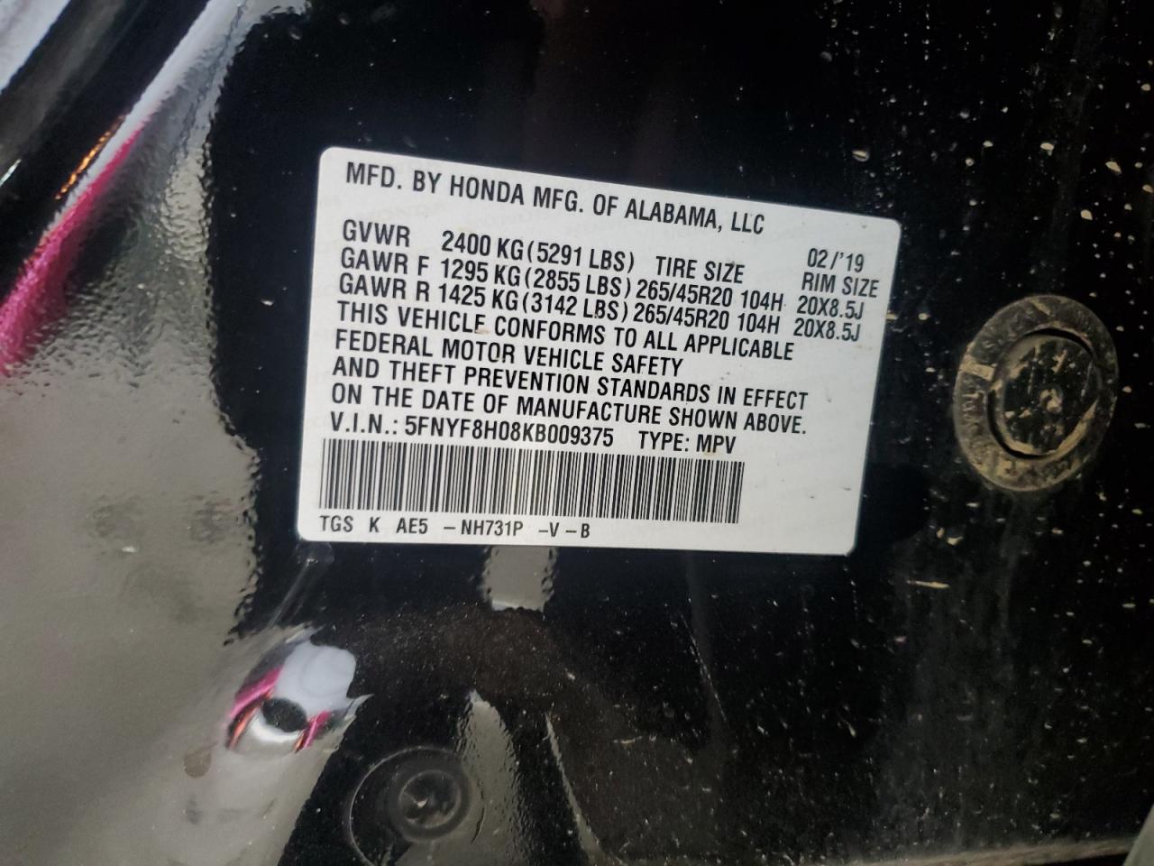 2019 Honda Passport Elite VIN: 5FNYF8H08KB009375 Lot: 63916565