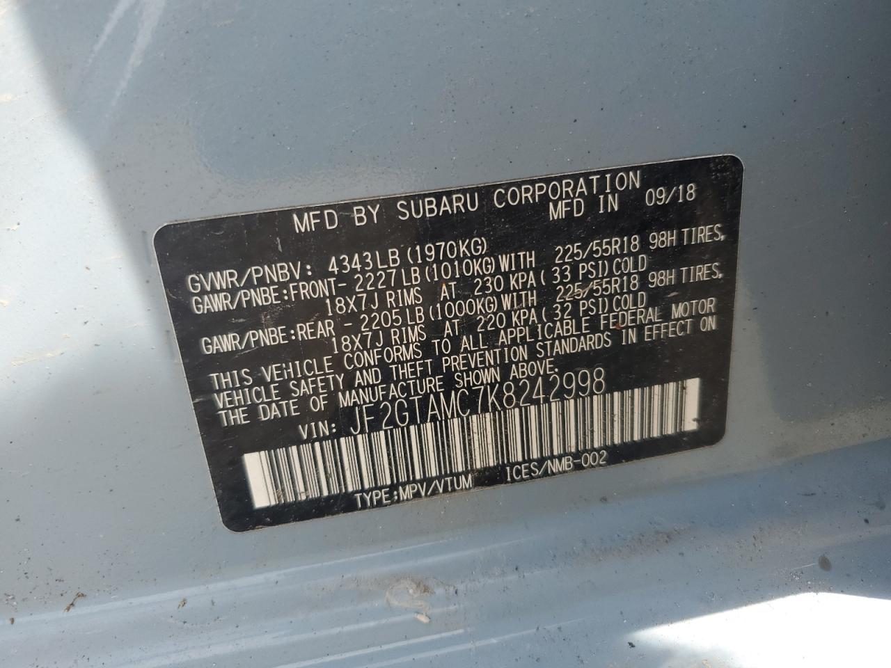 2019 Subaru Crosstrek Limited VIN: JF2GTAMC7K8242998 Lot: 63728445