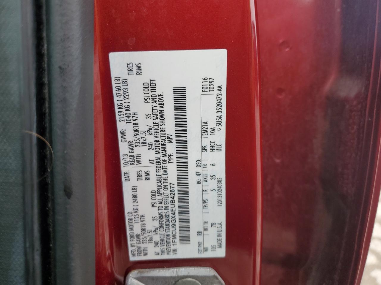 2014 Ford Escape Se VIN: 1FMCU9GX4EUB42677 Lot: 65419025