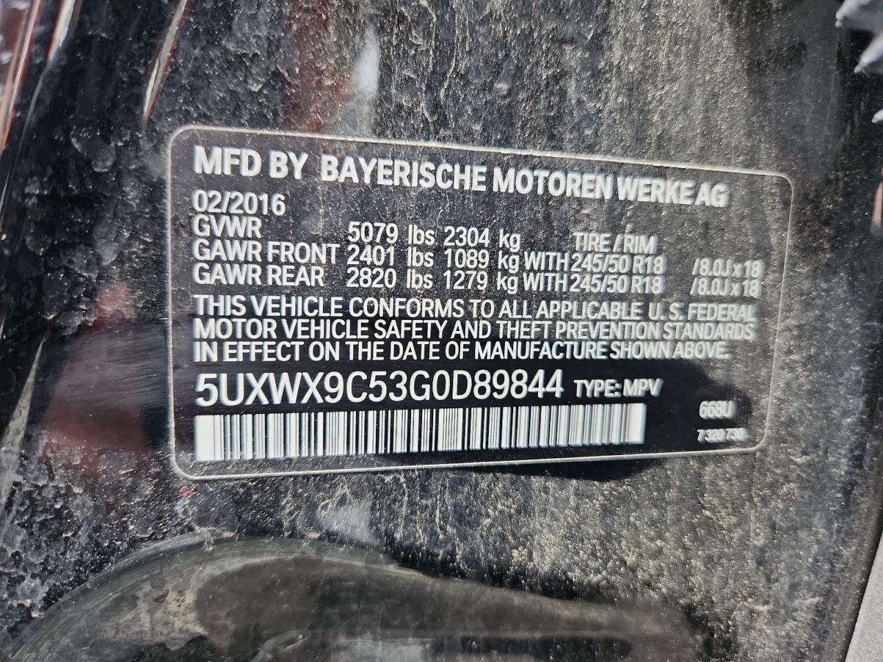 2016 BMW X3 xDrive28I VIN: 5UXWX9C53G0D89844 Lot: 63081995