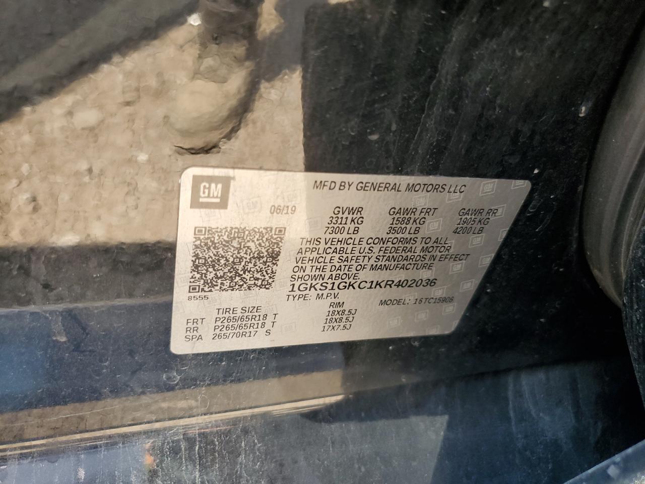 2019 GMC Yukon Xl C1500 Slt VIN: 1GKS1GKC1KR402036 Lot: 65318805