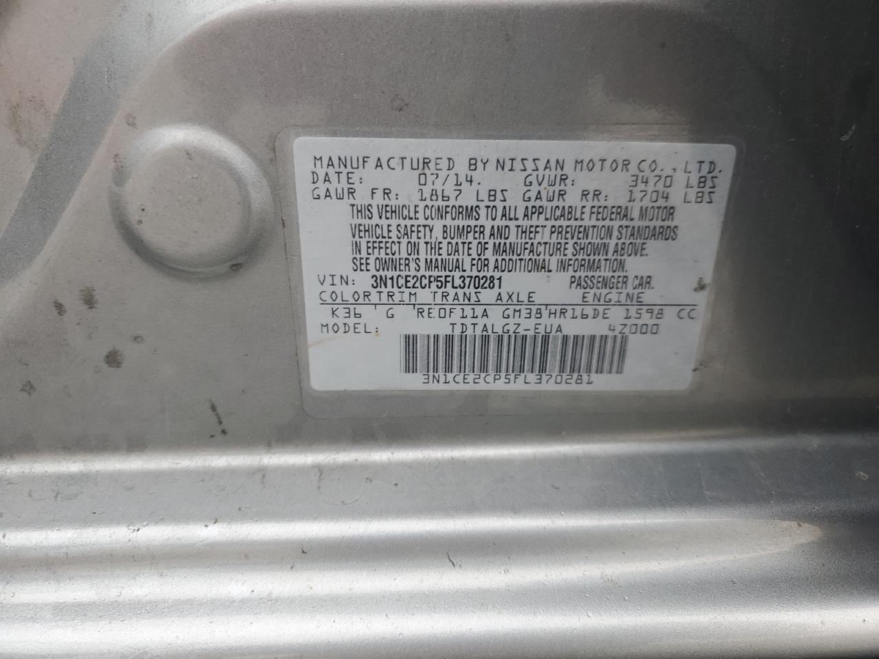 2015 Nissan Versa Note S VIN: 3N1CE2CP5FL370281 Lot: 63907325