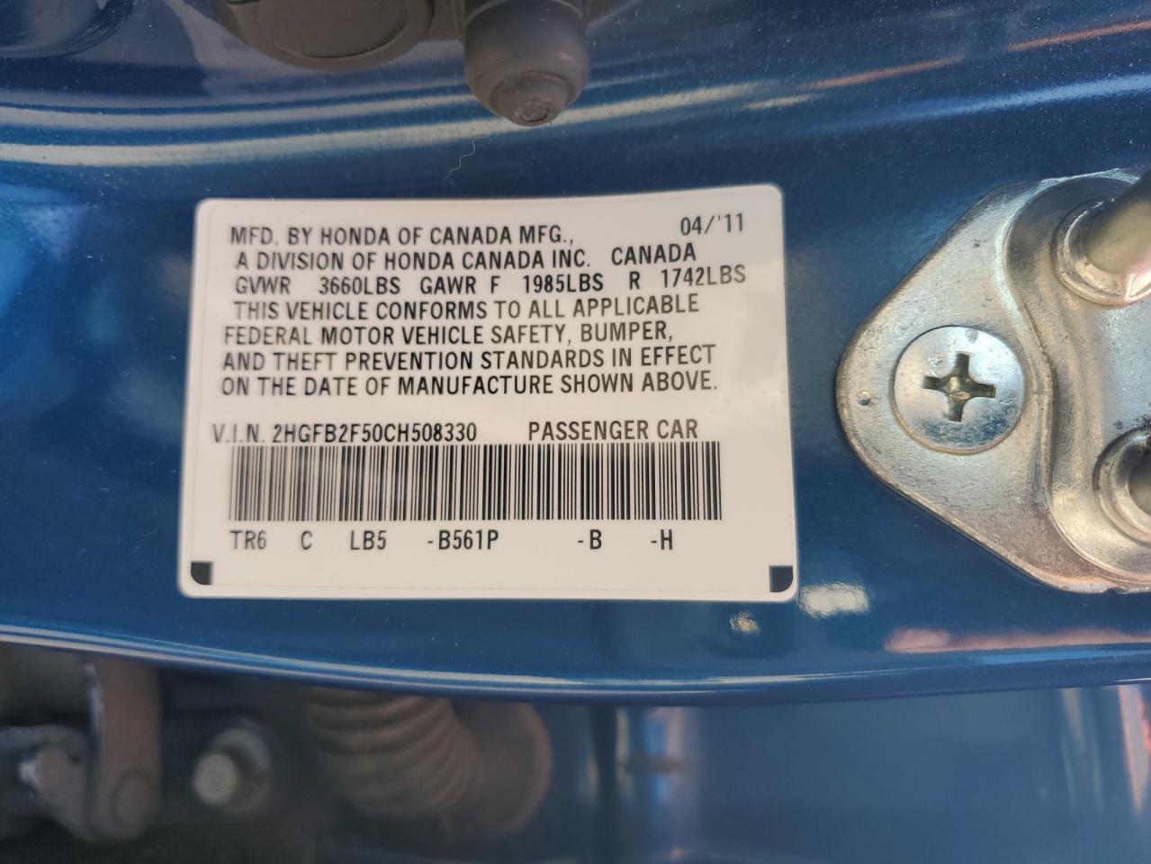 2012 Honda Civic Lx VIN: 2HGFB2F50CH508330 Lot: 64612195