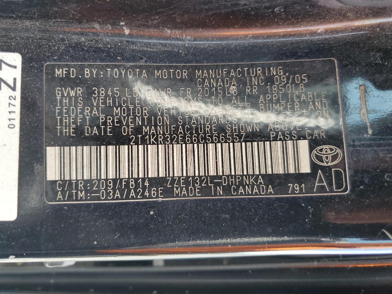 2006 Toyota Corolla Matrix Xr VIN: 2T1KR32E66C566557 Lot: 65540155