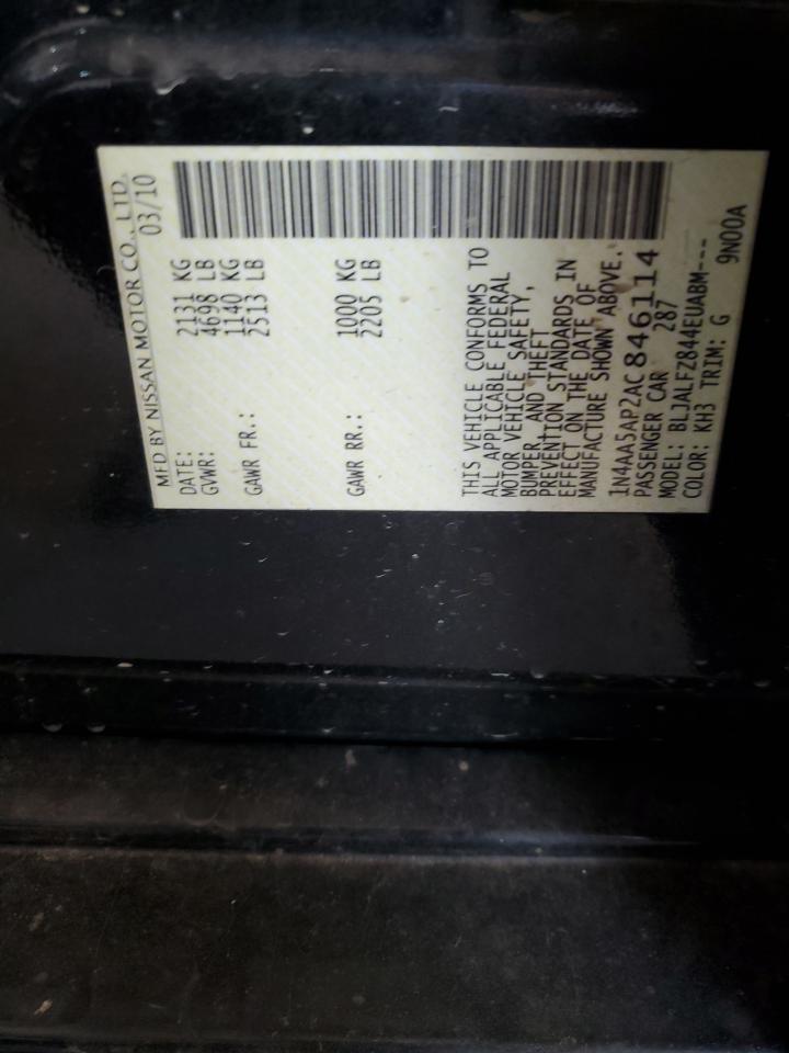 2010 Nissan Maxima S VIN: 1N4AA5AP2AC846114 Lot: 60781555