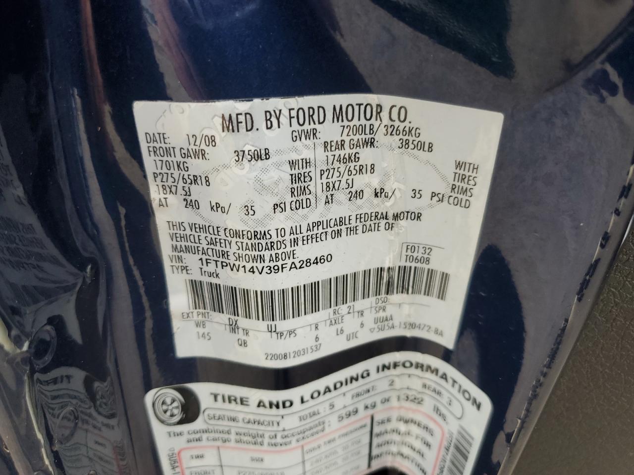2009 Ford F150 Supercrew VIN: 1FTPW14V39FA28460 Lot: 64945275