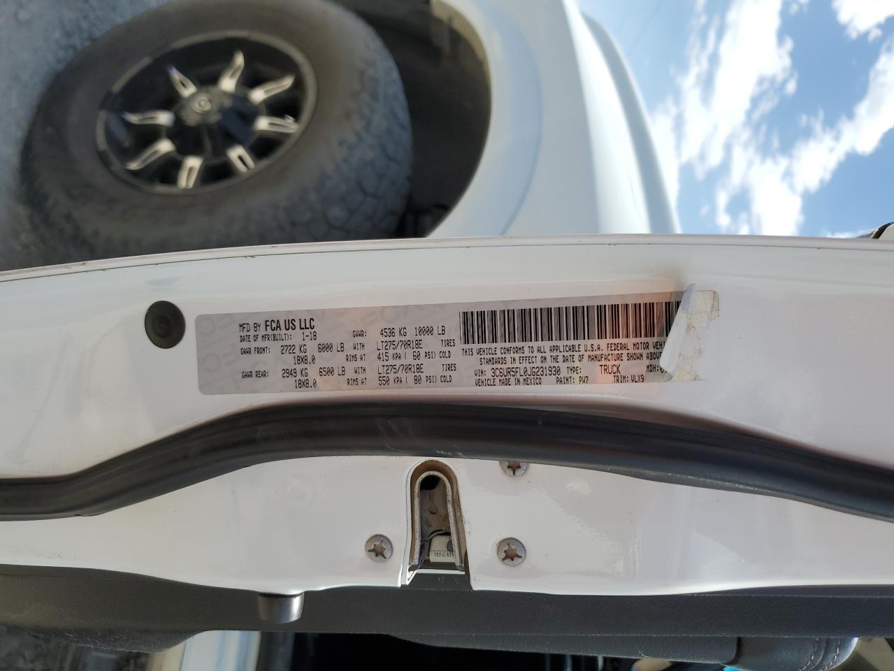 2018 Ram 2500 Laramie VIN: 3C6UR5FL0JG231930 Lot: 65909035