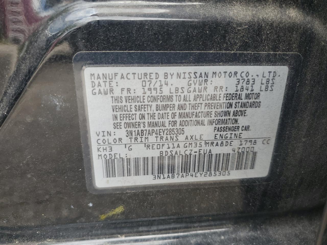2014 Nissan Sentra S VIN: 3N1AB7AP4EY285305 Lot: 66831745