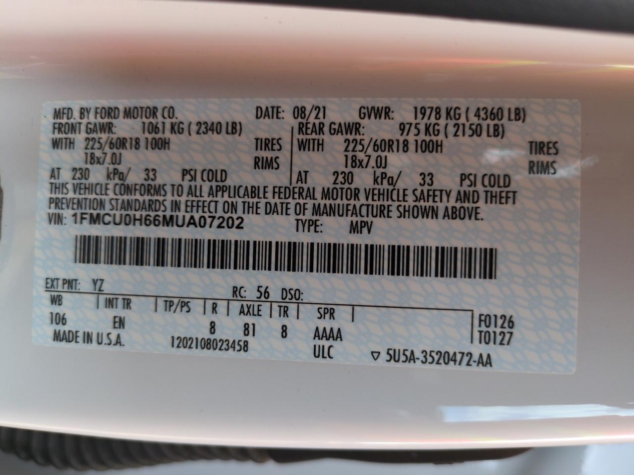 2021 Ford Escape Sel VIN: 1FMCU0H66MUA07202 Lot: 64526445