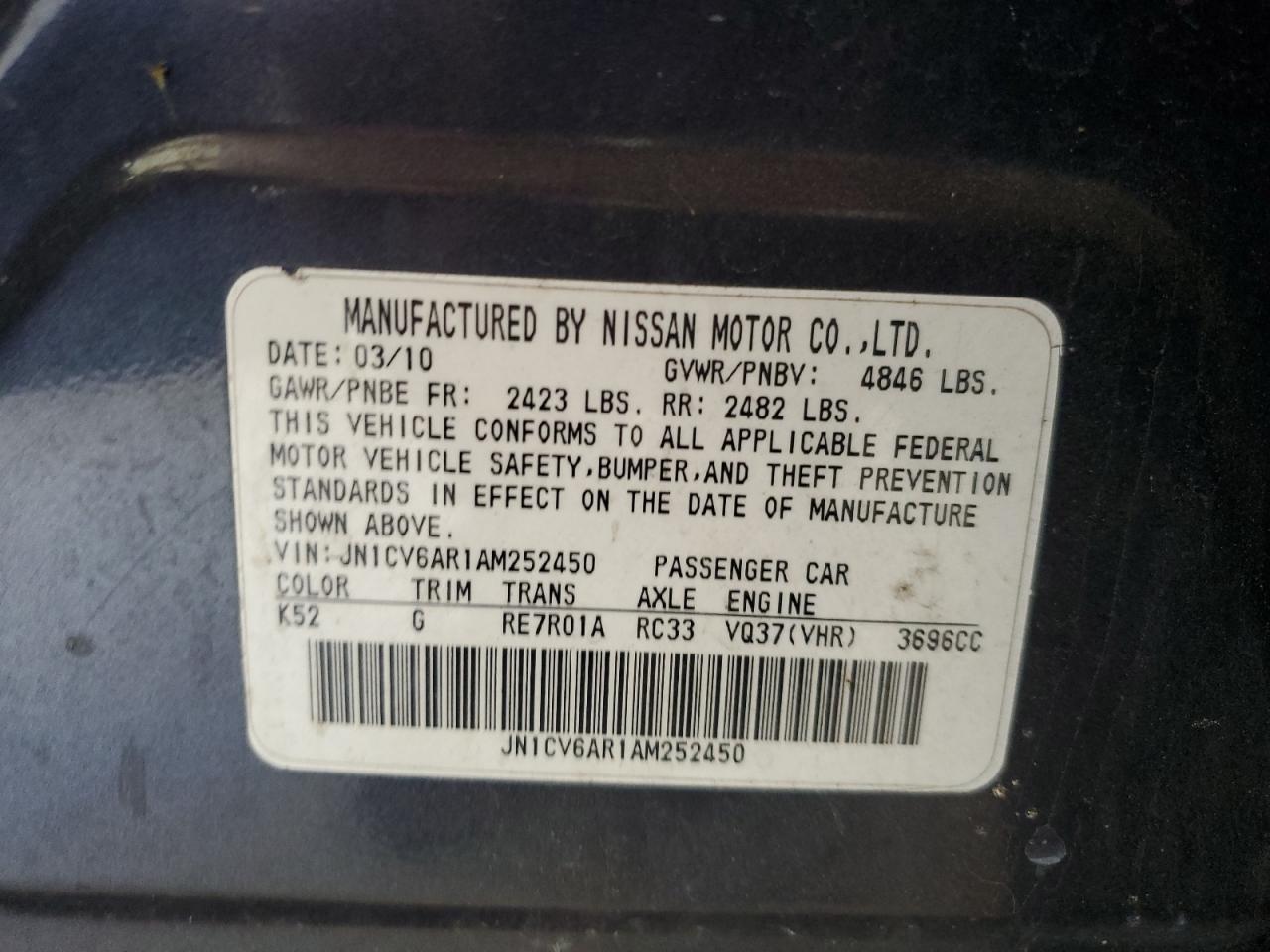 2010 Infiniti G37 VIN: JN1CV6AR1AM252450 Lot: 66936775