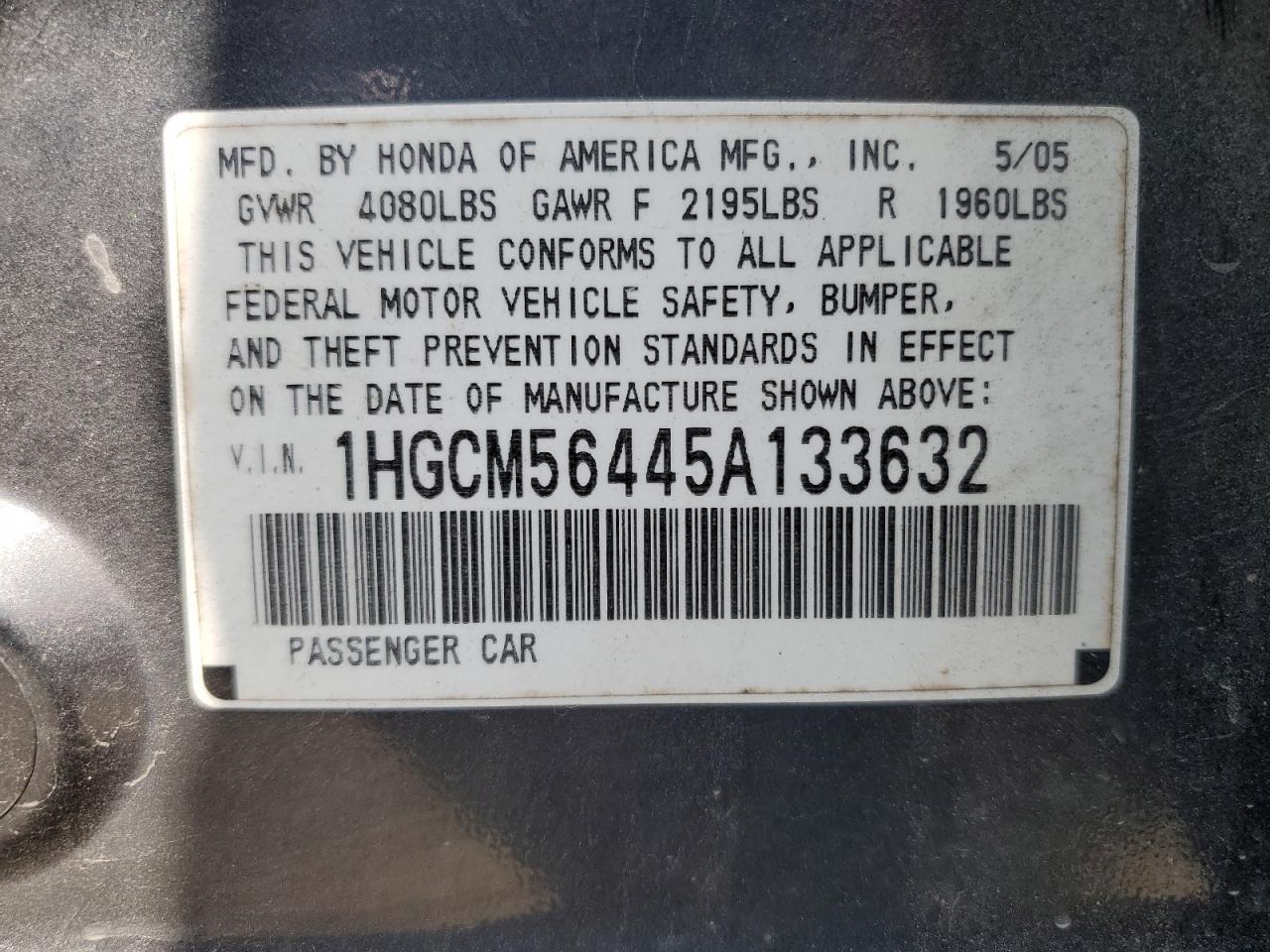 2005 Honda Accord Lx VIN: 1HGCM56445A133632 Lot: 64960685