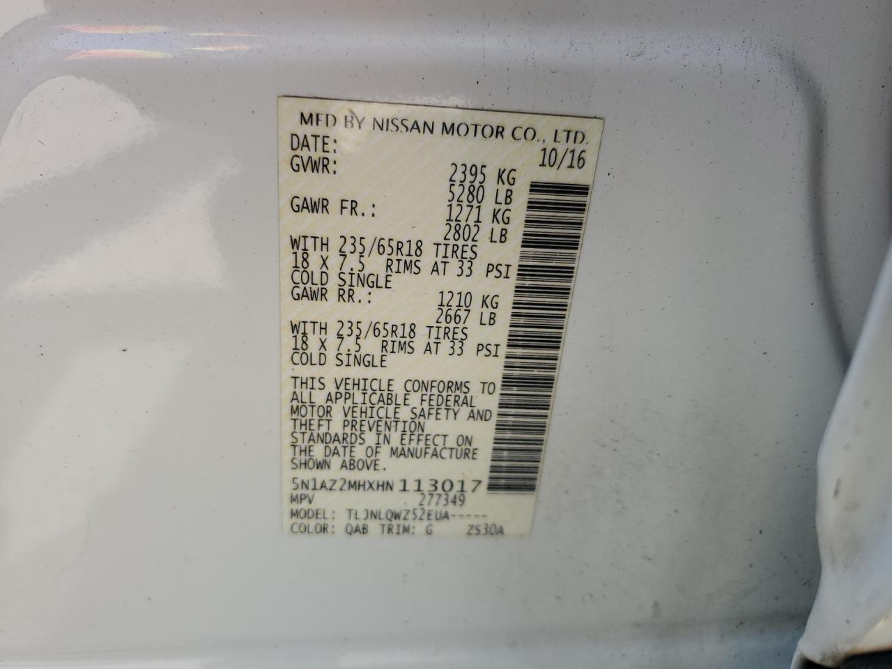 2017 Nissan Murano S VIN: 5N1AZ2MHXHN113017 Lot: 64523095