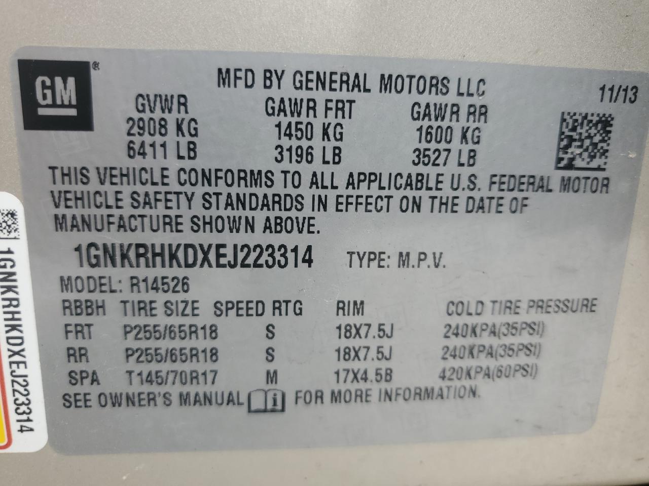 2014 Chevrolet Traverse Lt VIN: 1GNKRHKDXEJ223314 Lot: 63586385