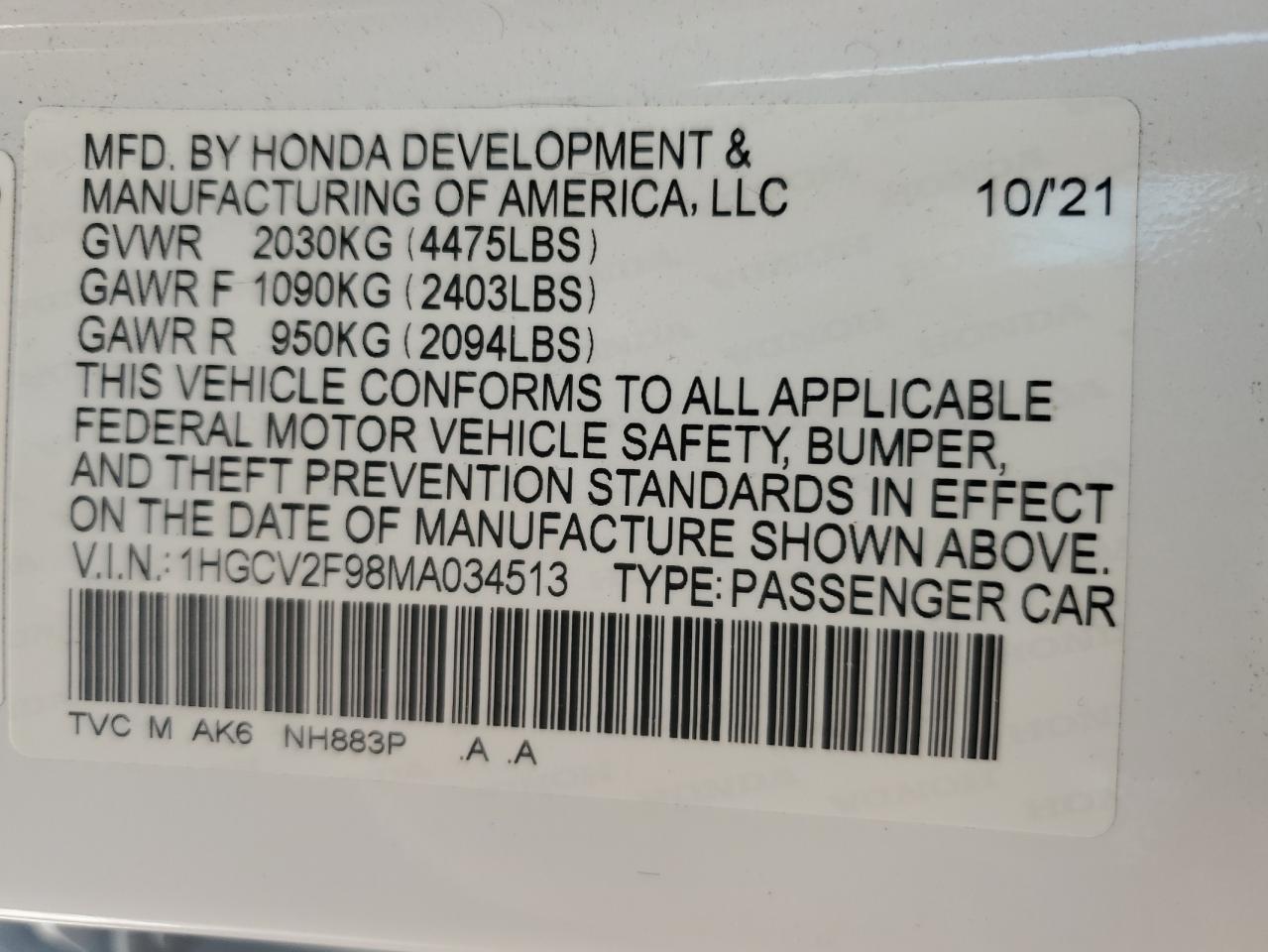 2021 Honda Accord Touring VIN: 1HGCV2F98MA034513 Lot: 64060125