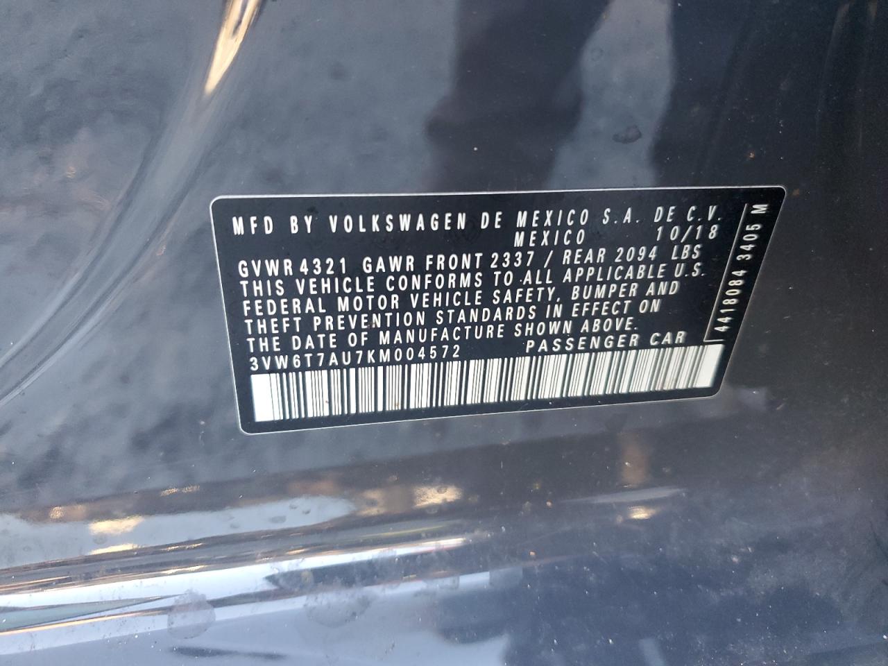 2019 Volkswagen Gti S VIN: 3VW6T7AU7KM004572 Lot: 65087485