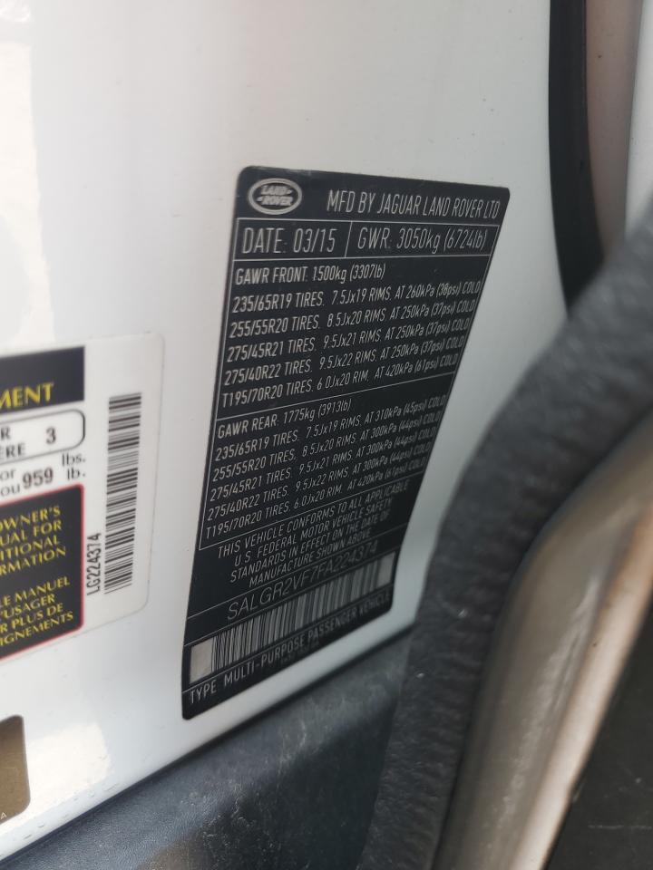 2015 Land Rover Range Rover VIN: SALGR2VF7FA224374 Lot: 64389585