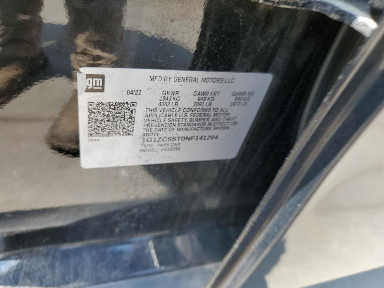 2022 Chevrolet Malibu Ls VIN: 1G1ZC5ST0NF141294 Lot: 66125705