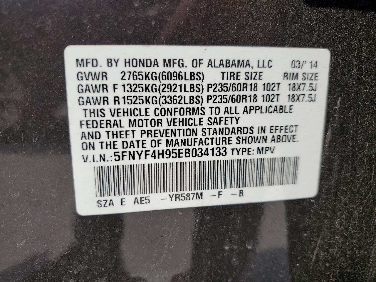 2014 Honda Pilot Touring VIN: 5FNYF4H95EB034133 Lot: 64057875