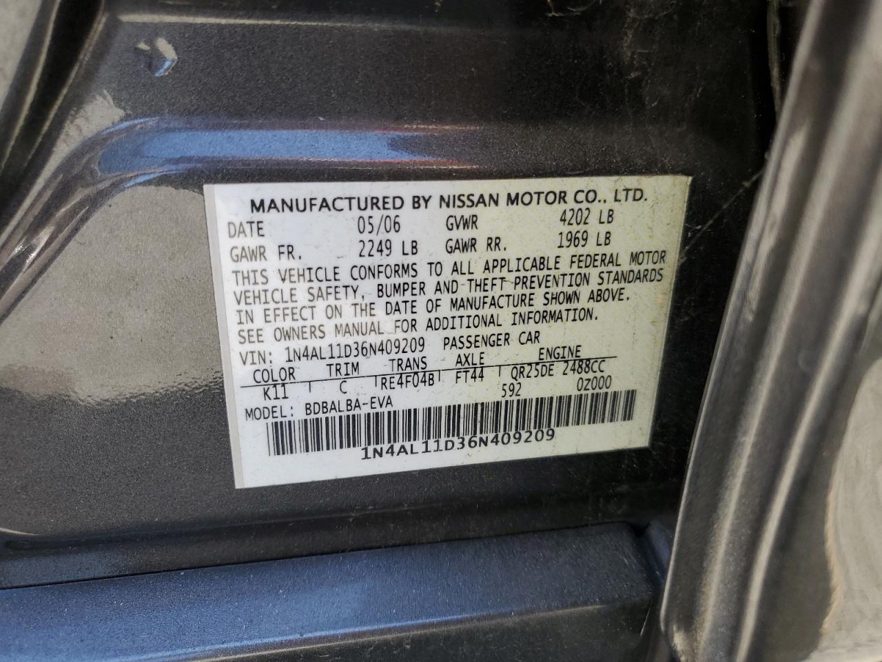 2006 Nissan Altima S VIN: 1N4AL11D36N409209 Lot: 65789465