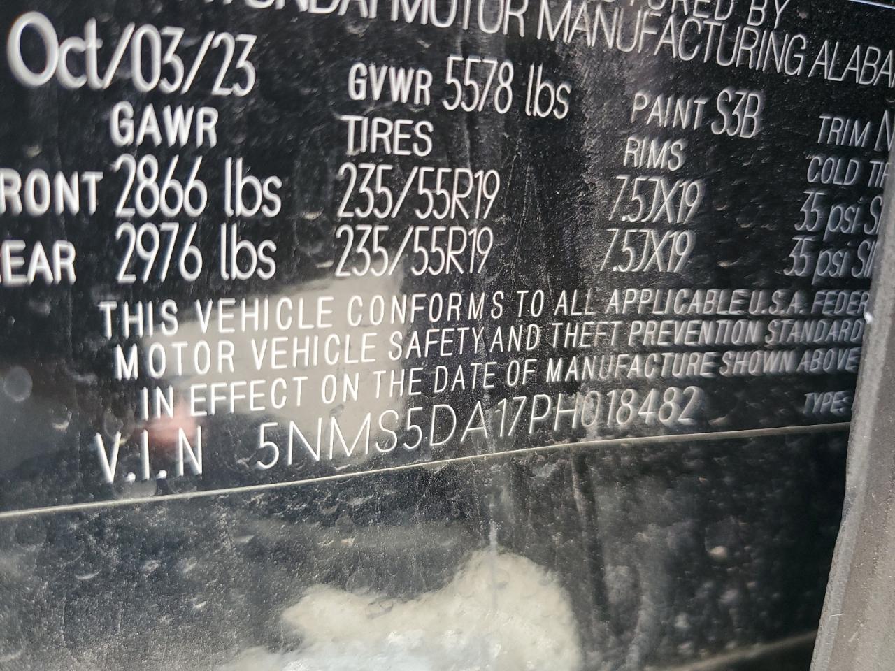 2023 Hyundai Santa Fe Limited VIN: 5NMS5DA17PH018482 Lot: 63928255