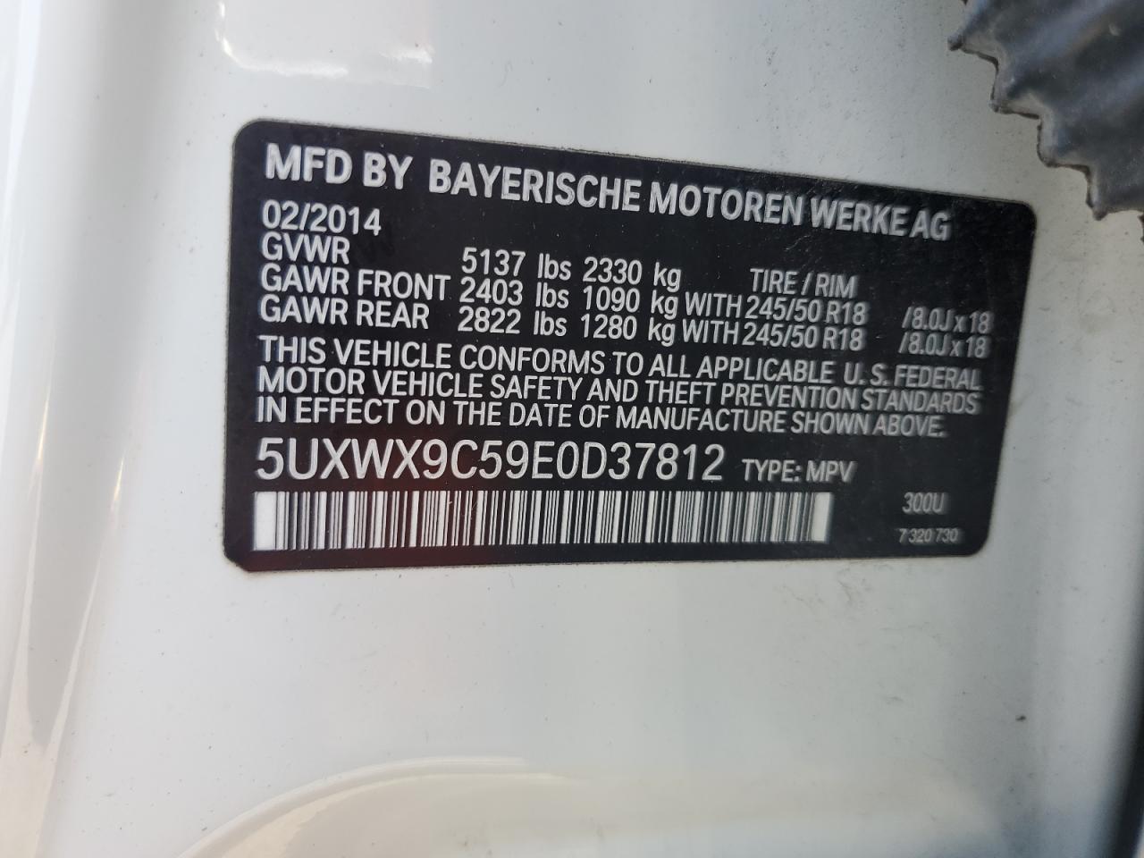 2014 BMW X3 xDrive28I VIN: 5UXWX9C59E0D37812 Lot: 64681075