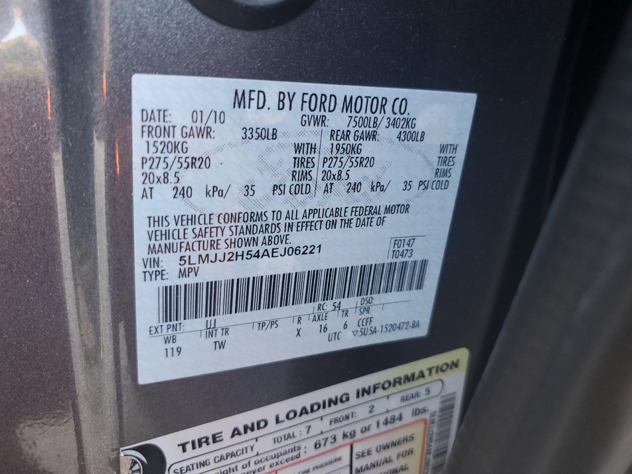 2010 Lincoln Navigator VIN: 5LMJJ2H54AEJ06221 Lot: 64885335