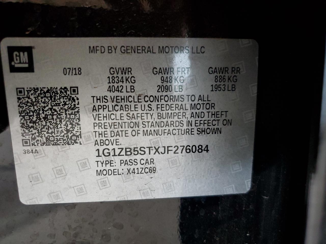 2018 Chevrolet Malibu Ls VIN: 1G1ZB5STXJF276084 Lot: 63451515