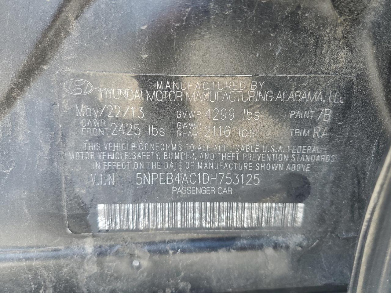2013 Hyundai Sonata Gls VIN: 5NPEB4AC1DH753125 Lot: 64624605
