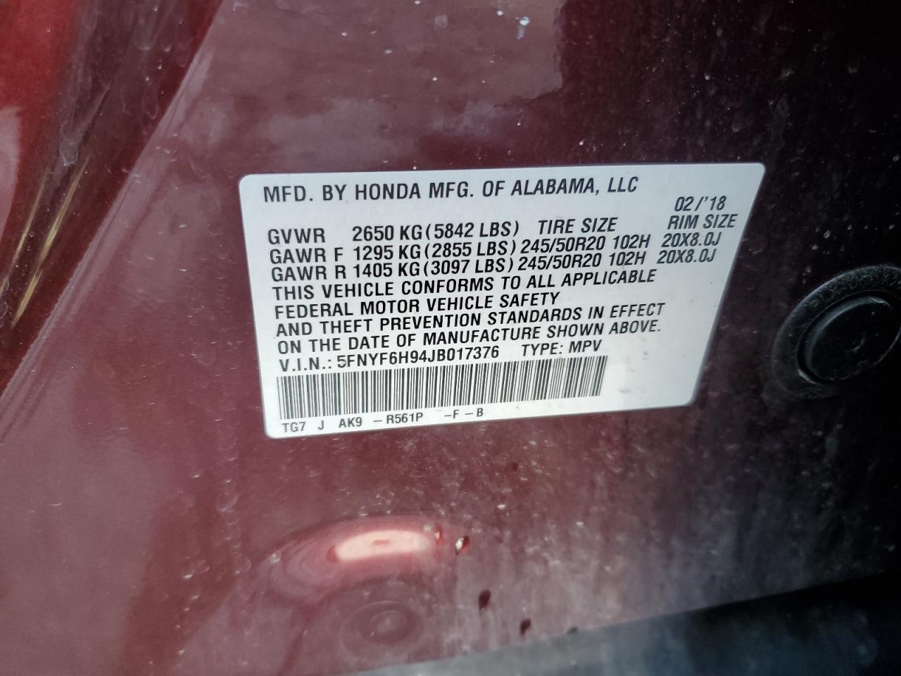 2018 Honda Pilot Touring VIN: 5FNYF6H94JB017376 Lot: 64742465