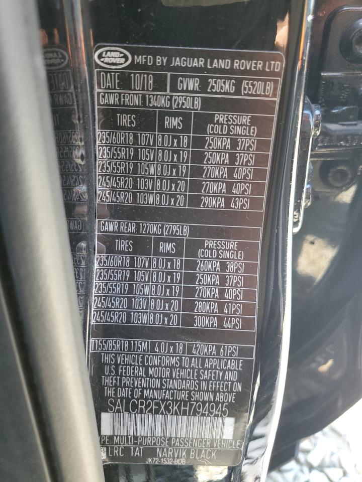 2019 Land Rover Discovery Sport Hse VIN: SALCR2FX3KH794945 Lot: 64182835