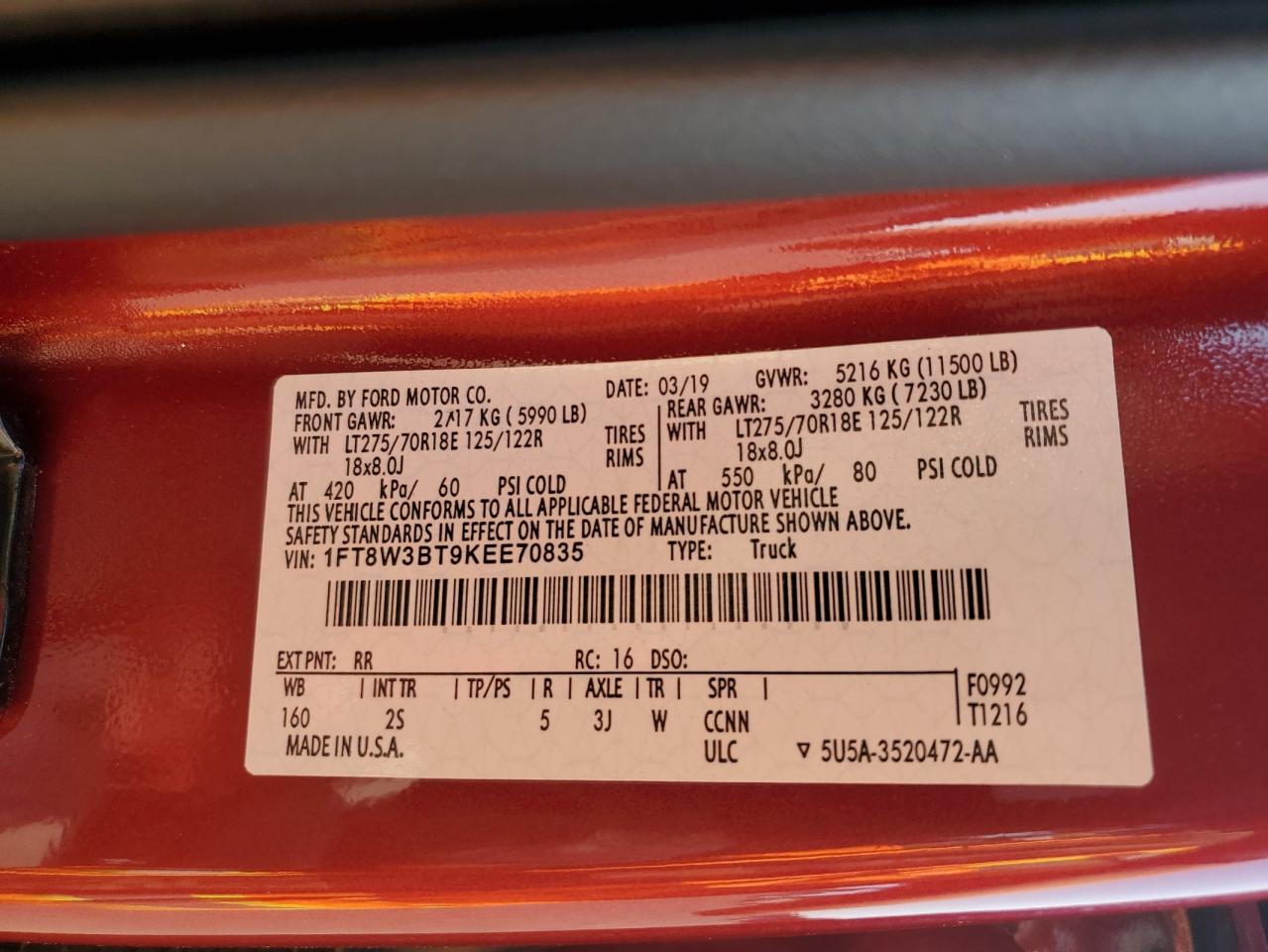 2019 Ford F350 Super Duty VIN: 1FT8W3BT9KEE70835 Lot: 65624585