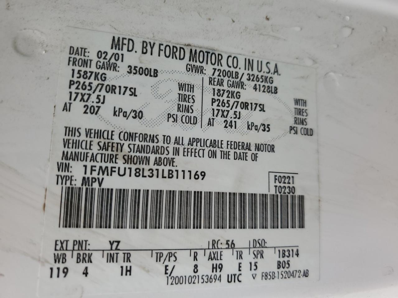 2001 Ford Expedition Eddie Bauer VIN: 1FMFU18L31LB11169 Lot: 66767795