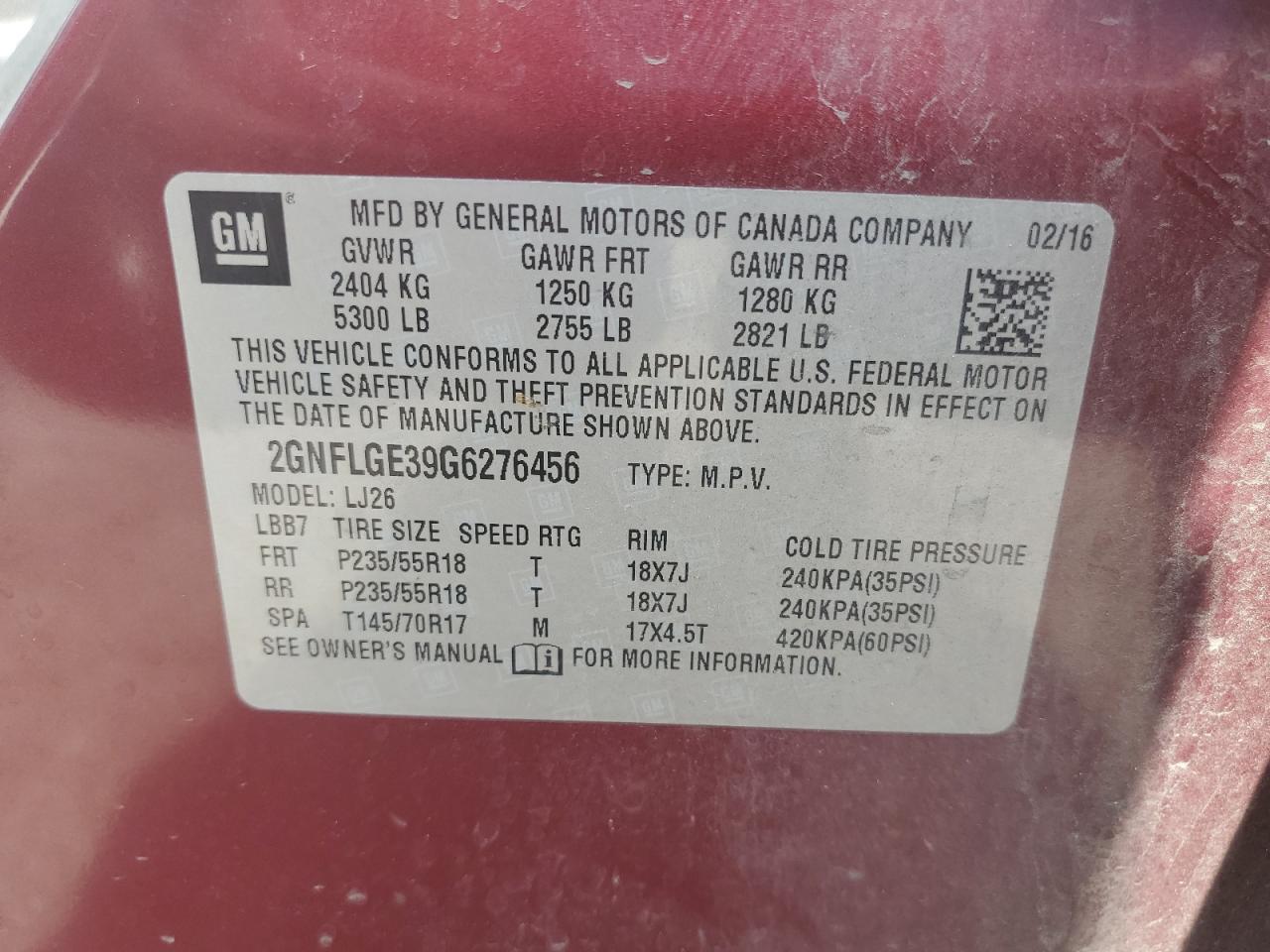 2016 Chevrolet Equinox Ltz VIN: 2GNFLGE39G6276456 Lot: 66103395
