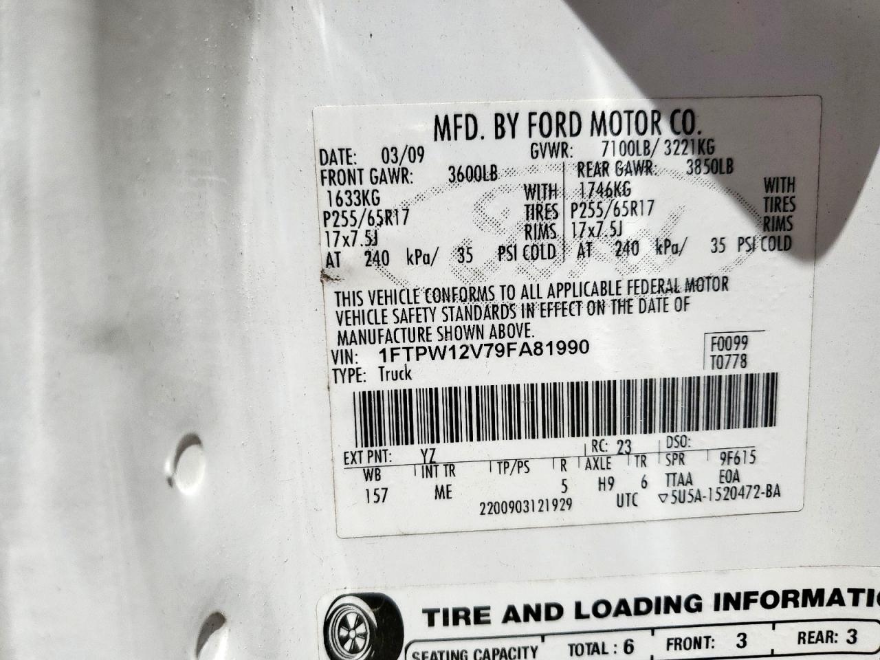 2009 Ford F150 Supercrew VIN: 1FTPW12V79FA81990 Lot: 66377385