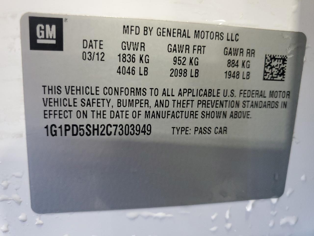 2012 Chevrolet Cruze Ls VIN: 1G1PD5SH2C7303949 Lot: 65465675