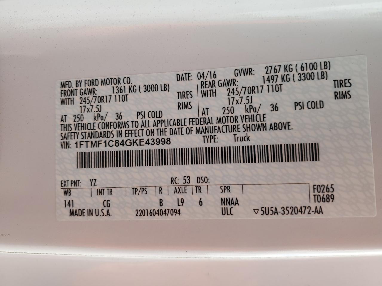 2016 Ford F150 VIN: 1FTMF1C84GKE43998 Lot: 64969305
