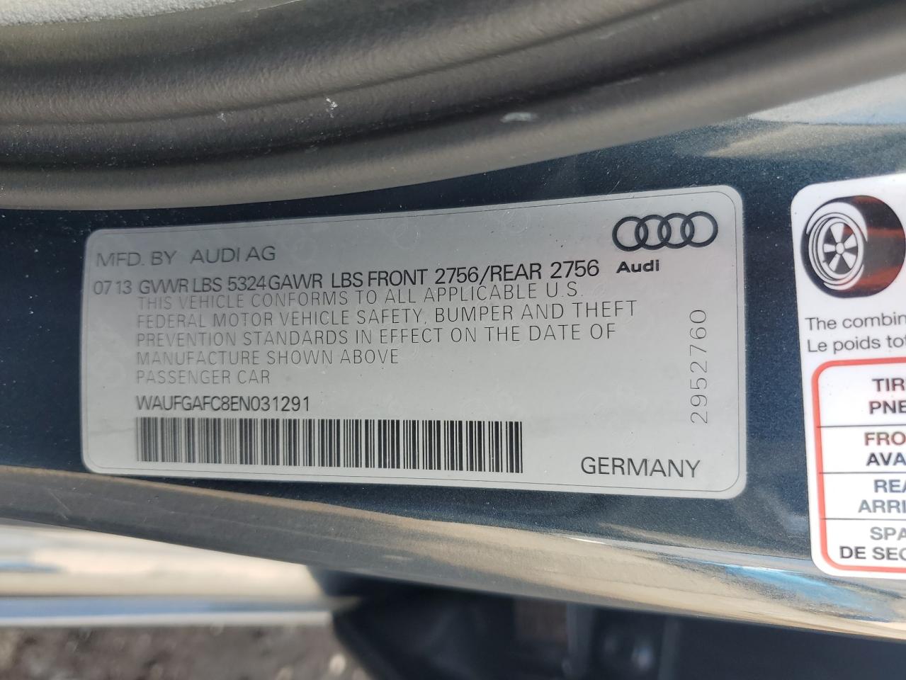 2014 Audi A6 Premium Plus VIN: WAUFGAFC8EN031291 Lot: 64425085