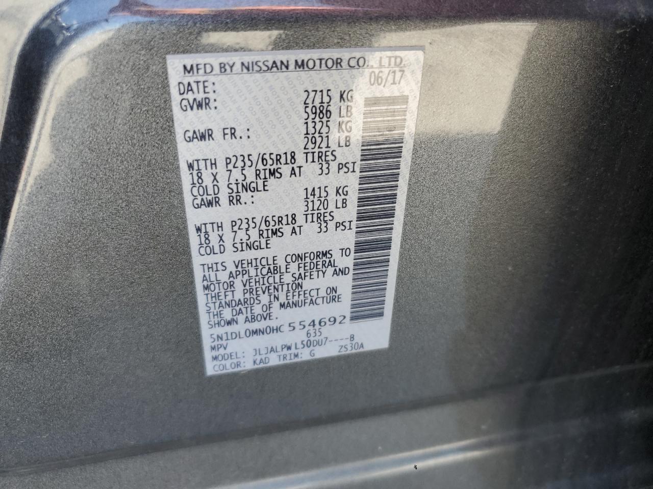 2017 Infiniti Qx60 VIN: 5N1DL0MN0HC554692 Lot: 62691655