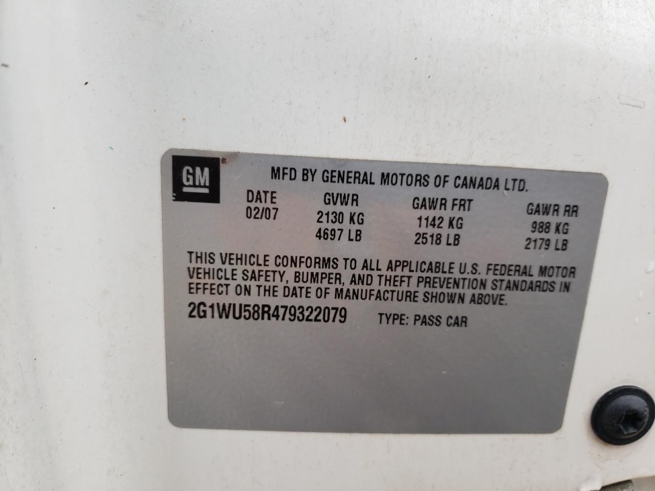 2007 Chevrolet Impala Ltz VIN: 2G1WU58R479322079 Lot: 64123445