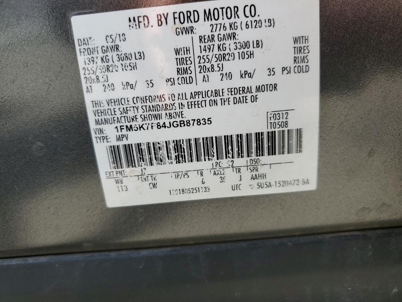 2018 Ford Explorer Limited VIN: 1FM5K7F84JGB87835 Lot: 64494815