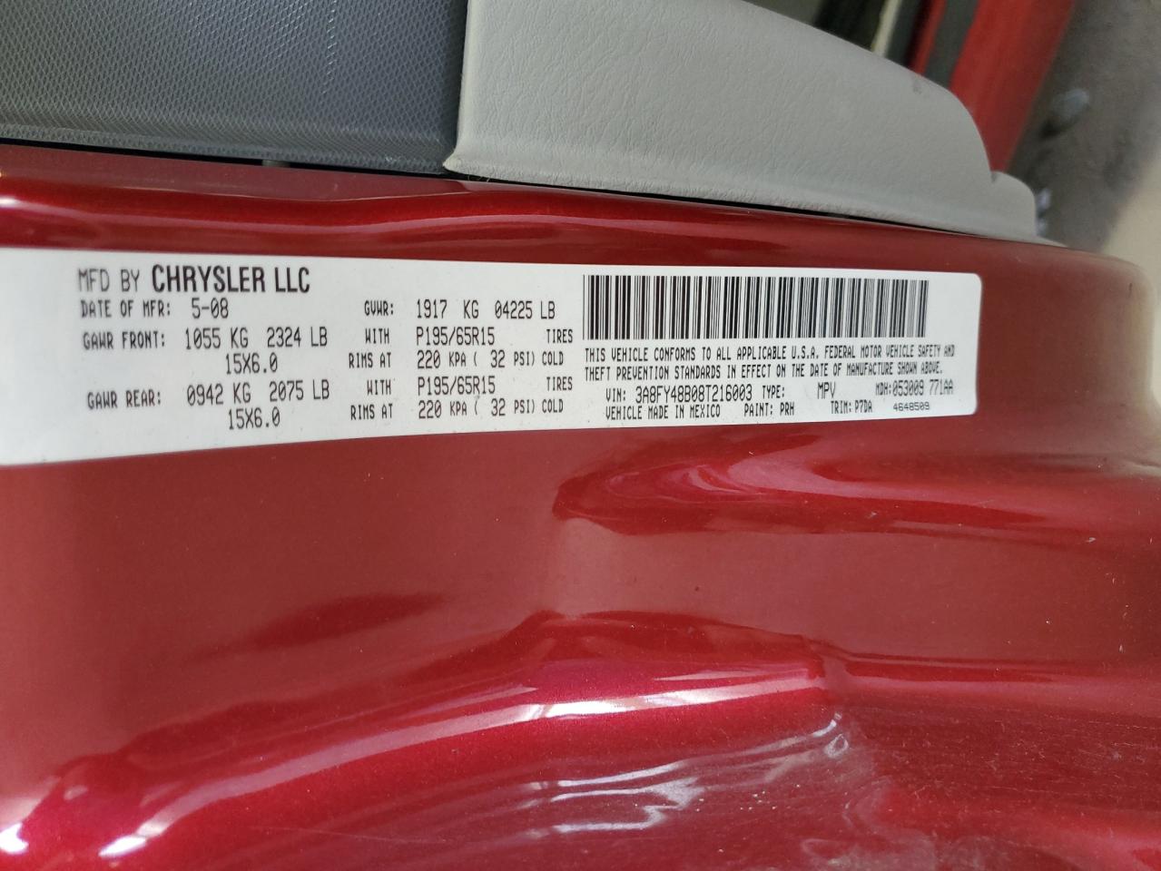 2008 Chrysler Pt Cruiser VIN: 3A8FY48B08T216003 Lot: 64490505