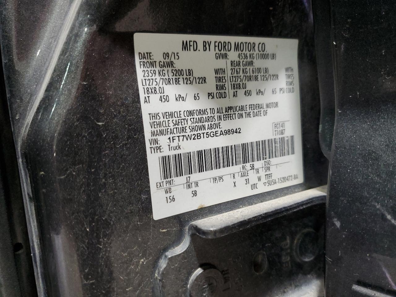 2016 Ford F250 Super Duty VIN: 1FT7W2BT5GEA98942 Lot: 62769265